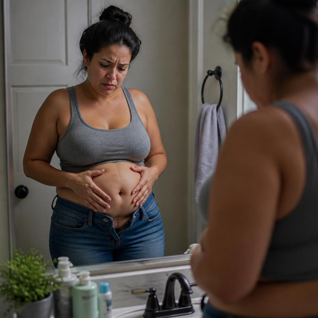 Mujer frustrada con la barriga hinchada frente al espejo